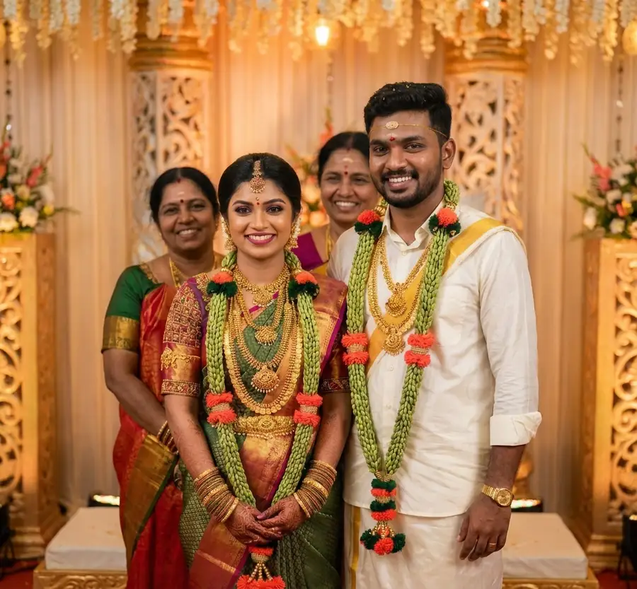 ஆரஞ்சு & பச்சை நூல் ஏலச்சி கைத்தறி மாலை (Copper beads) (Orange & Green Thread Elaichi Handmade Maalai (Copper Beads))